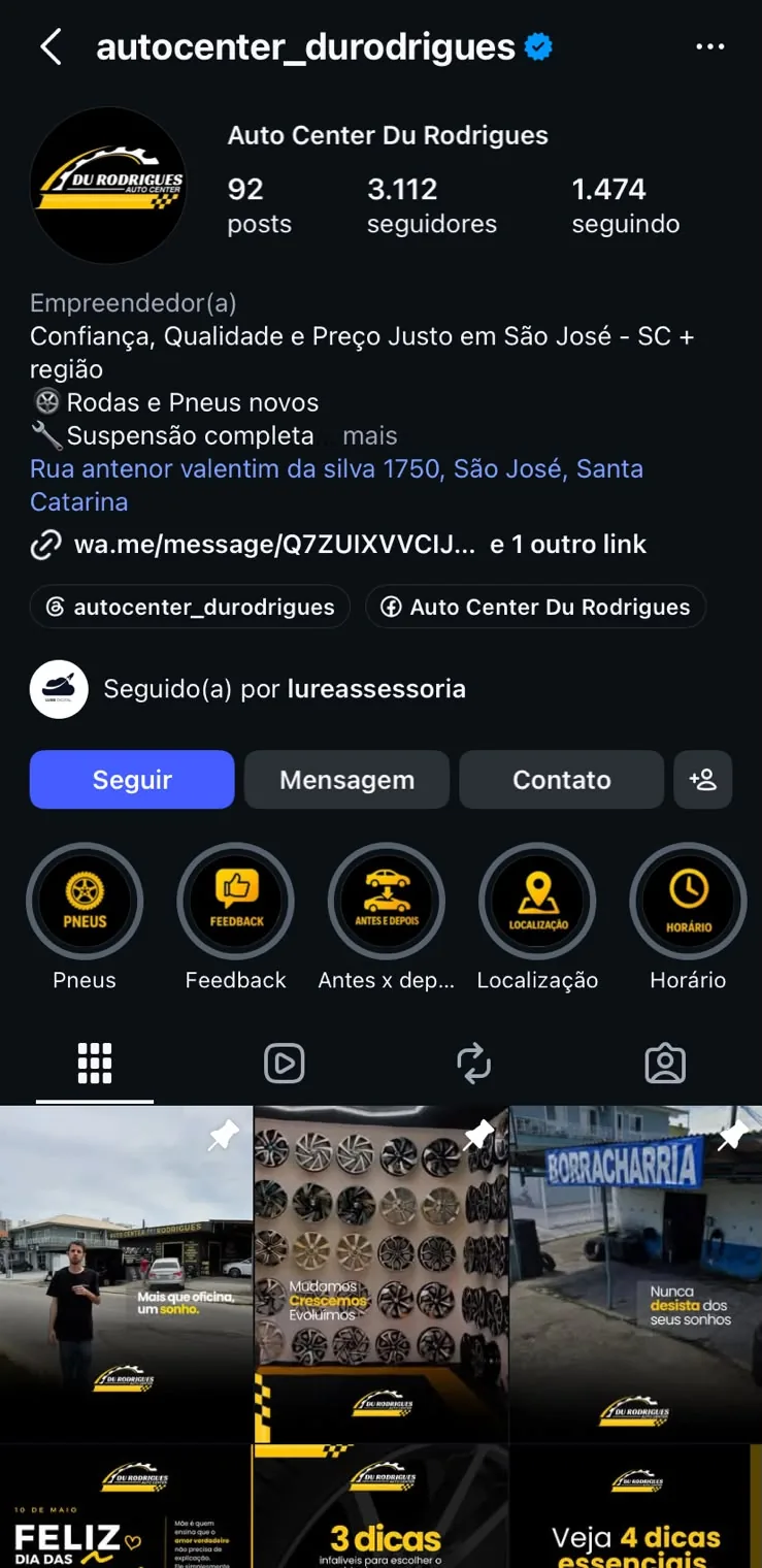 Perfil @autocenter_durodrigues no Instagram, com posts sobre pneus, rodas e suspensão